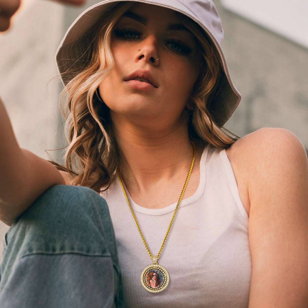 Customizable Gold Zirconia Round Medal Photo Necklaces FaithHeart