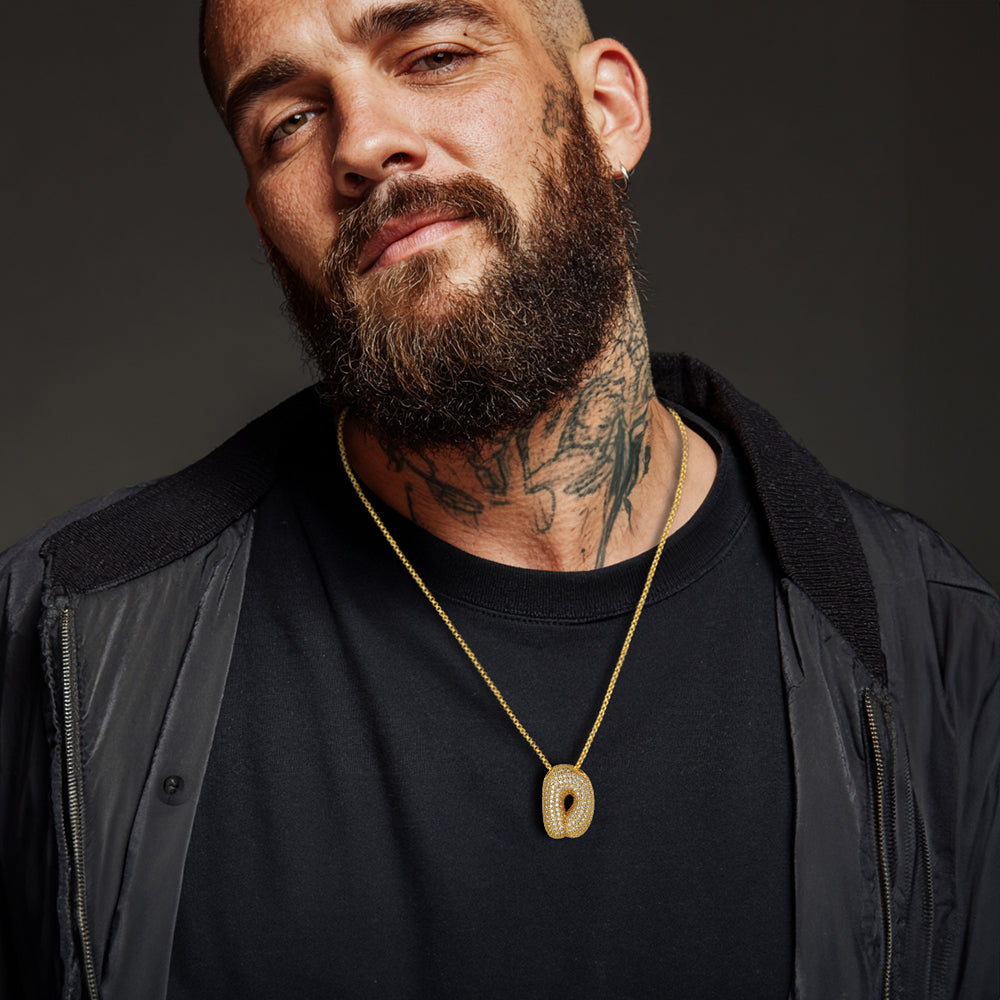 Men Wearing D Gold Bubble Letter Initial Chain Necklace