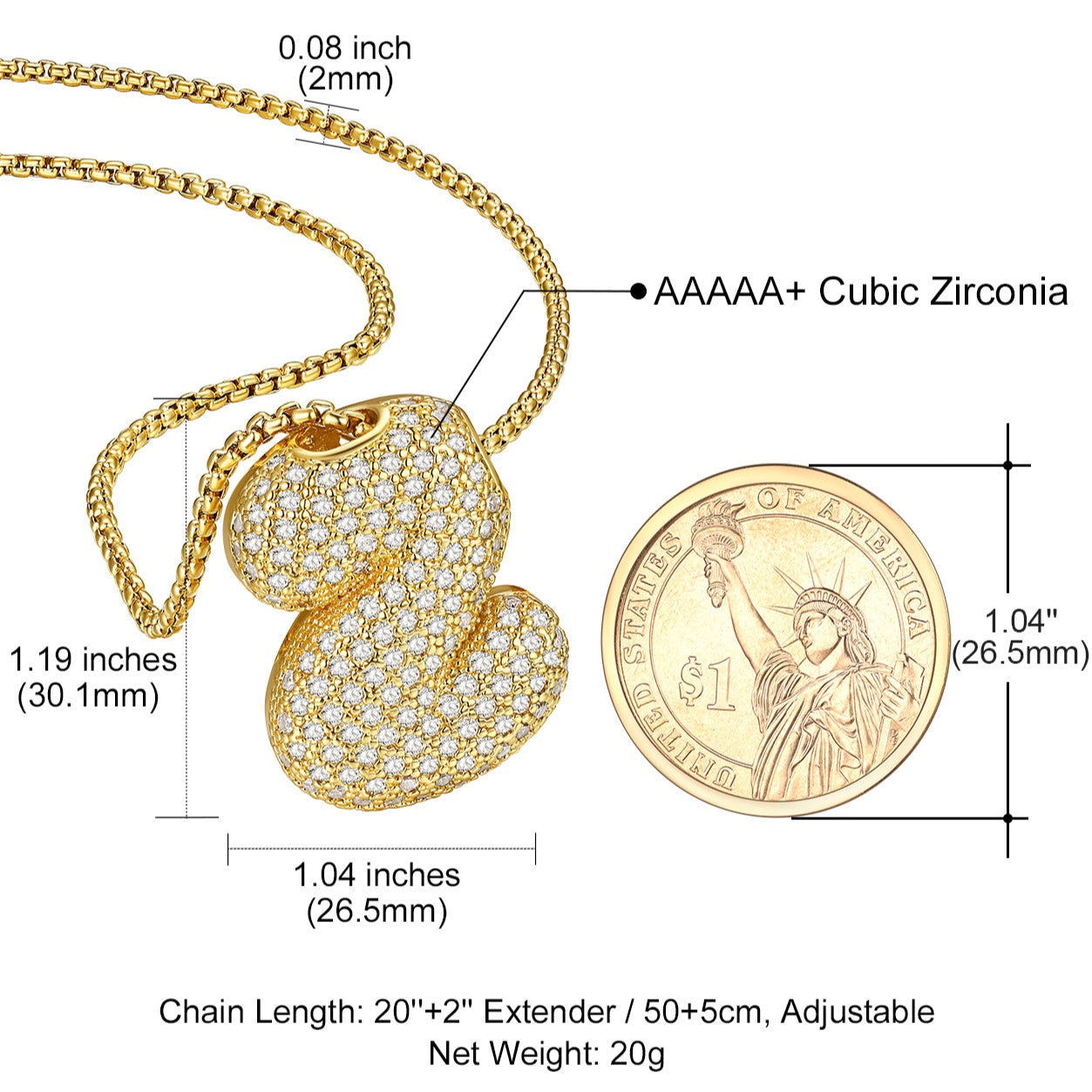 Gold CZ Bubble Letter Initial Chain Necklace for Men Women