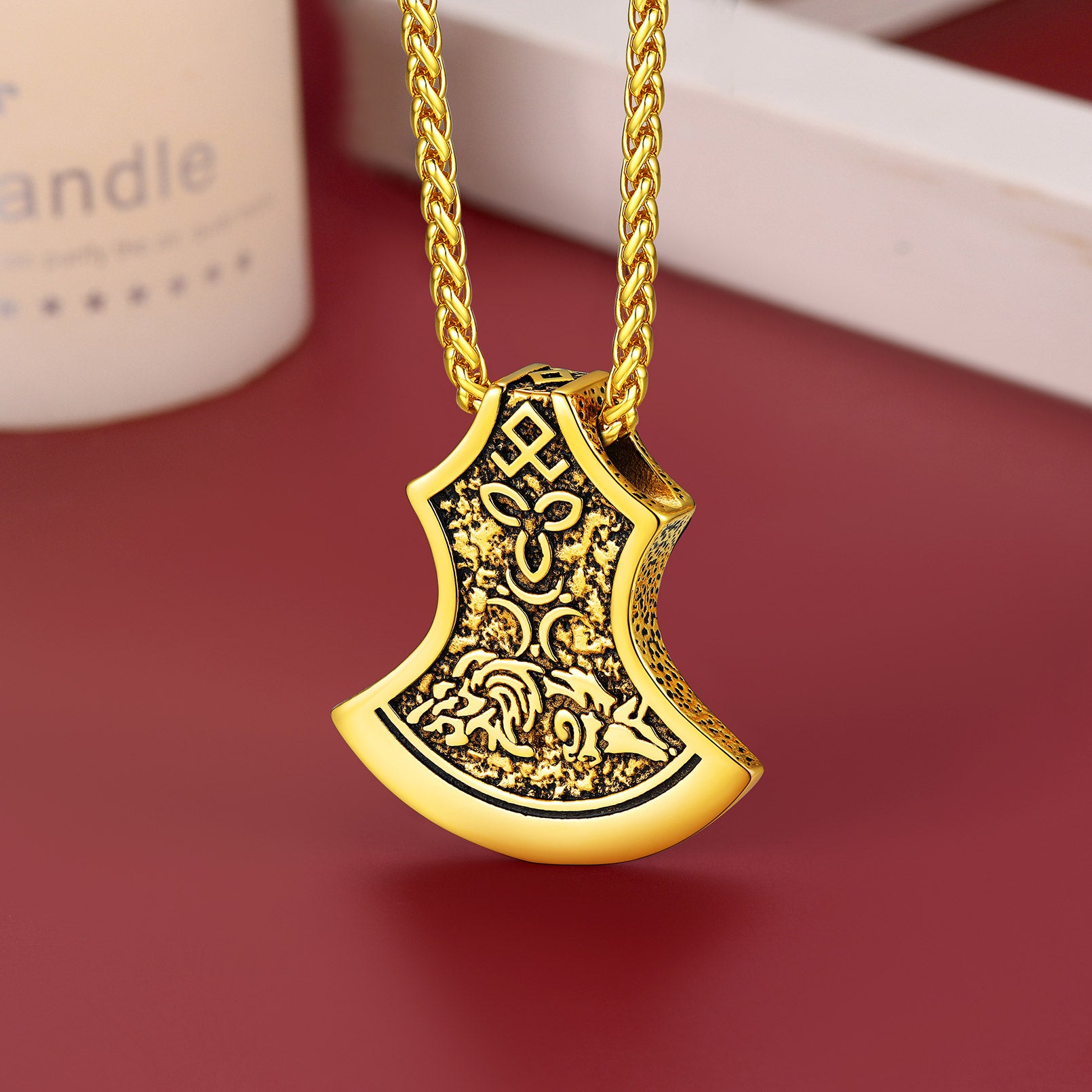 Golden Viking axe pendant necklace with Celtic knot