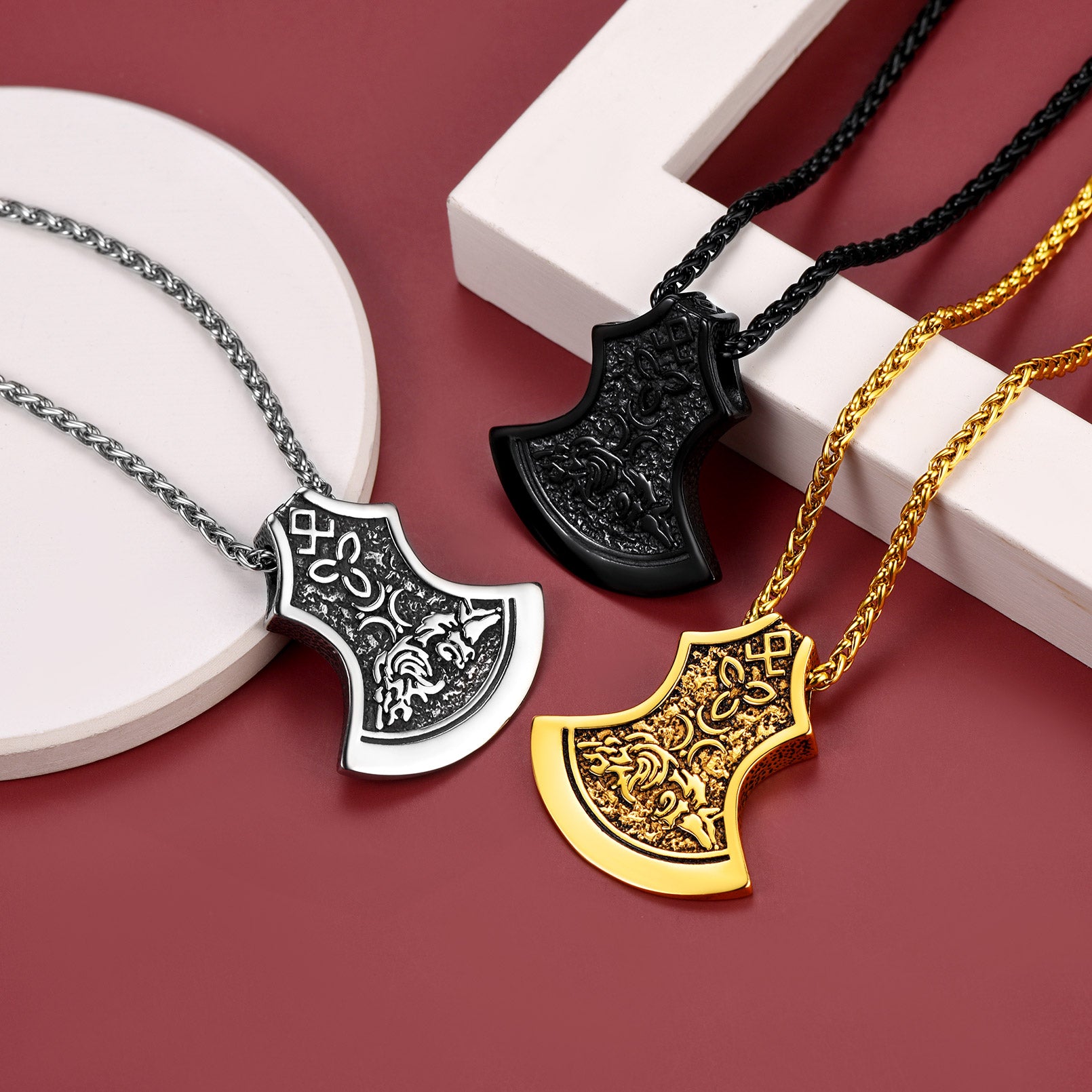 Viking Axe Pendant Necklaces in Silver, Black and Gold