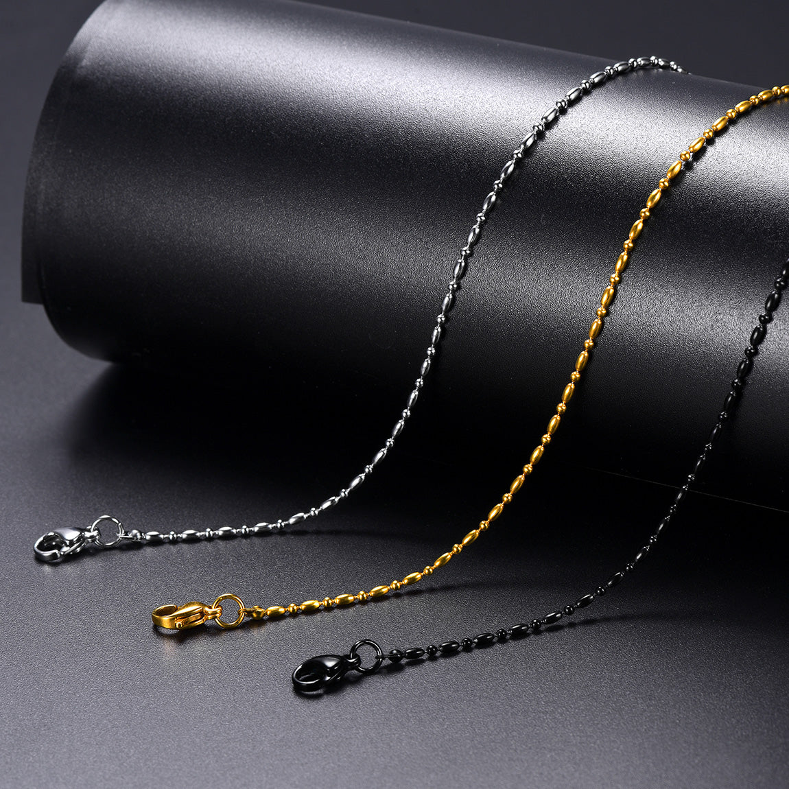 Steel, Black and Gold Slim Rope Chains Side-by-Side Display