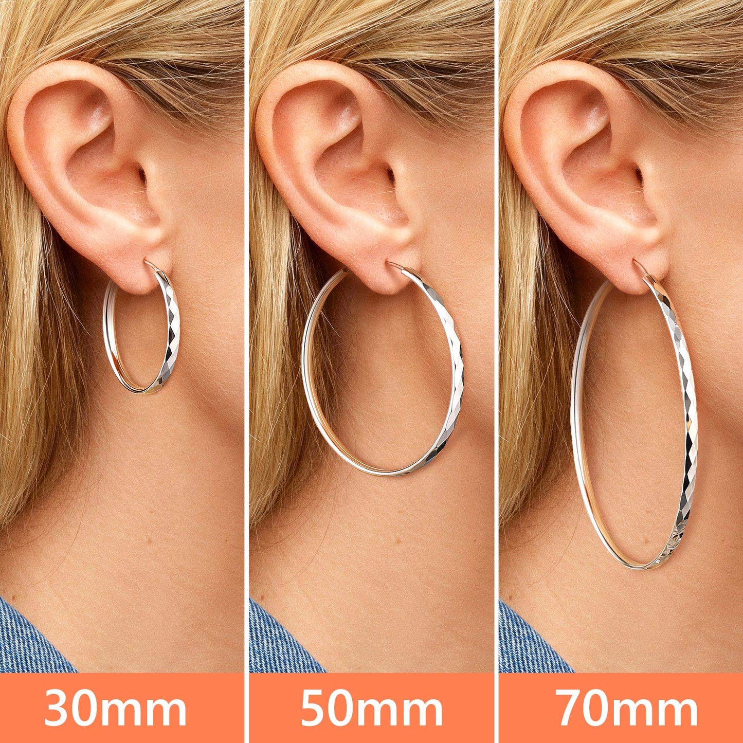 Diamond-Cut Silver Hoop Earrings for Girls 30/50/70mm