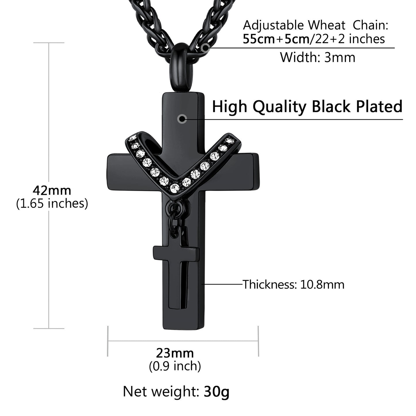 Black Double Cross Cremation Urn Pendant Necklace with dimensions, black plated