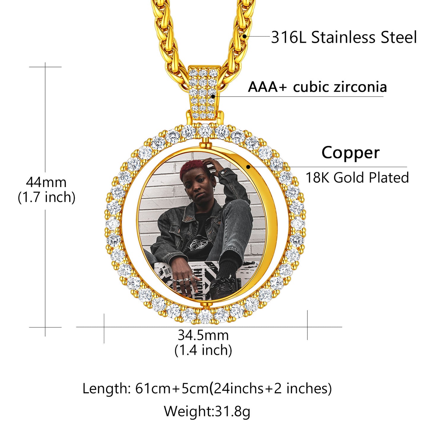 Rotating photo pendant necklace with cubic zirconia
