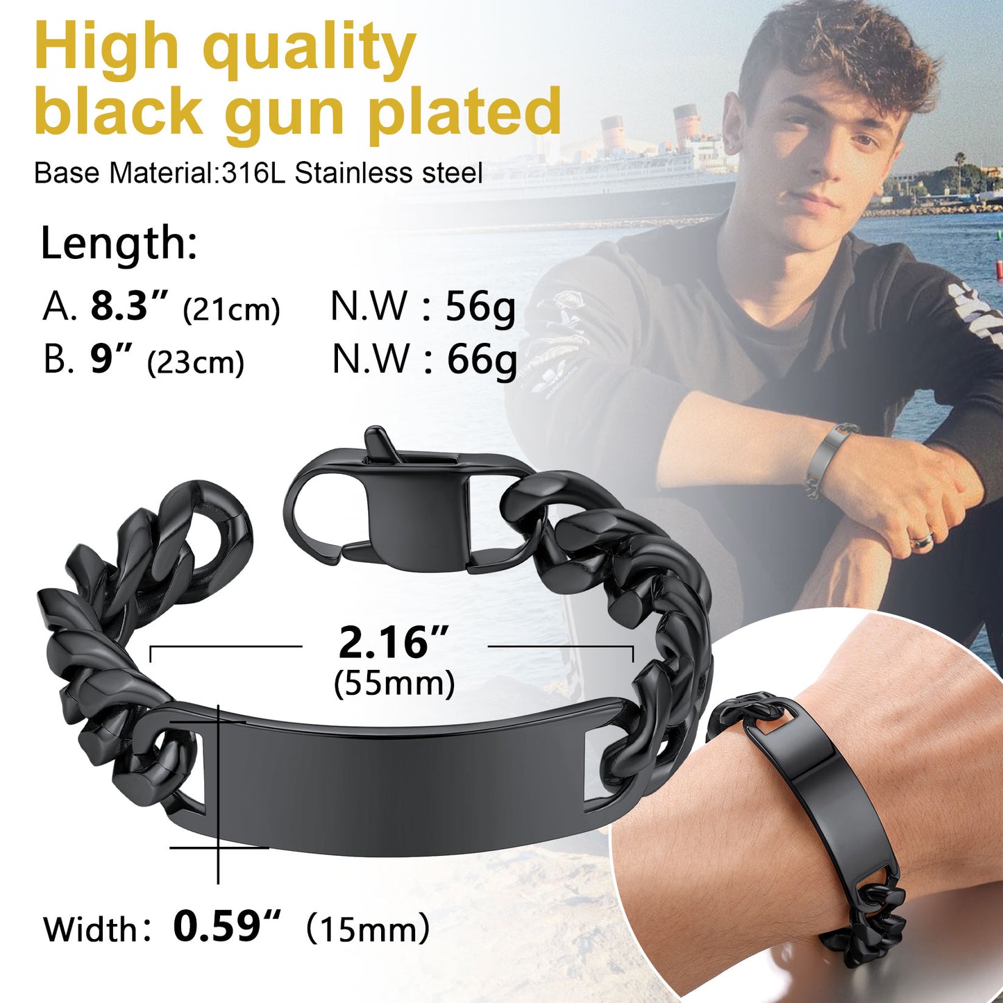 Black gun-plated Cuban link bracelet with dimensions for men