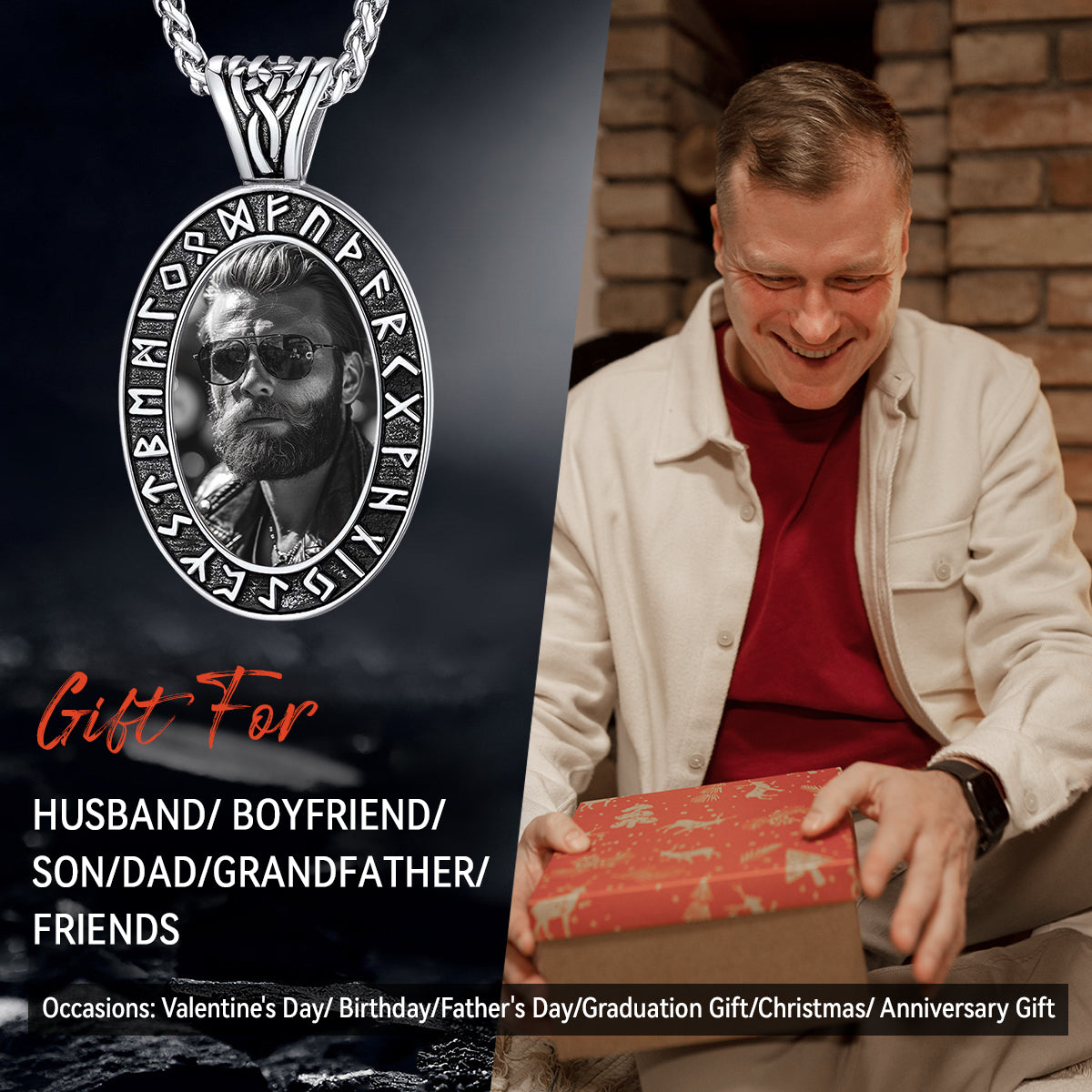 Customized Engraved Picture Necklace with Viking Runes FaithHeart