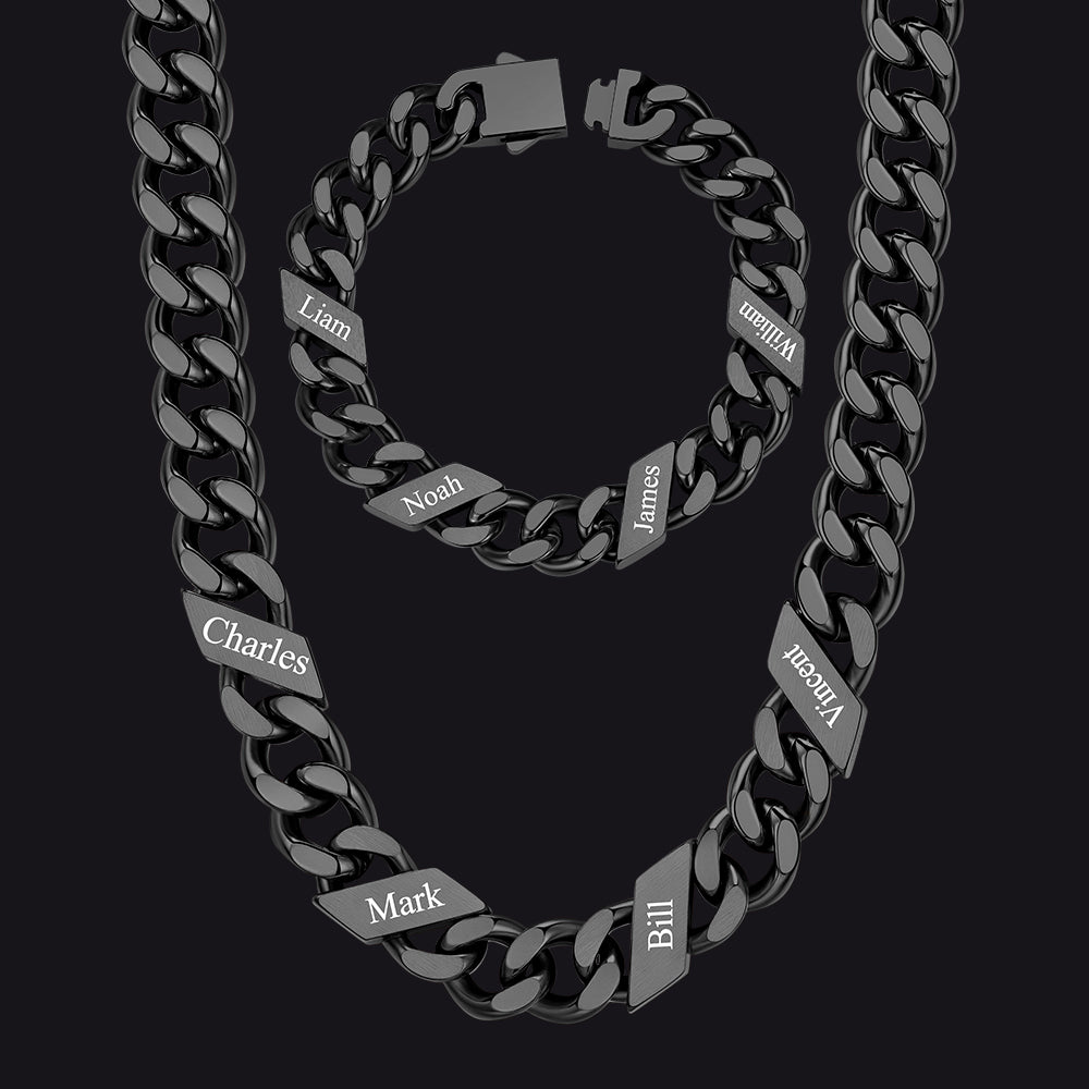 Engraved Names Cuban Chain & Bracelet Set Gift for Men Husband