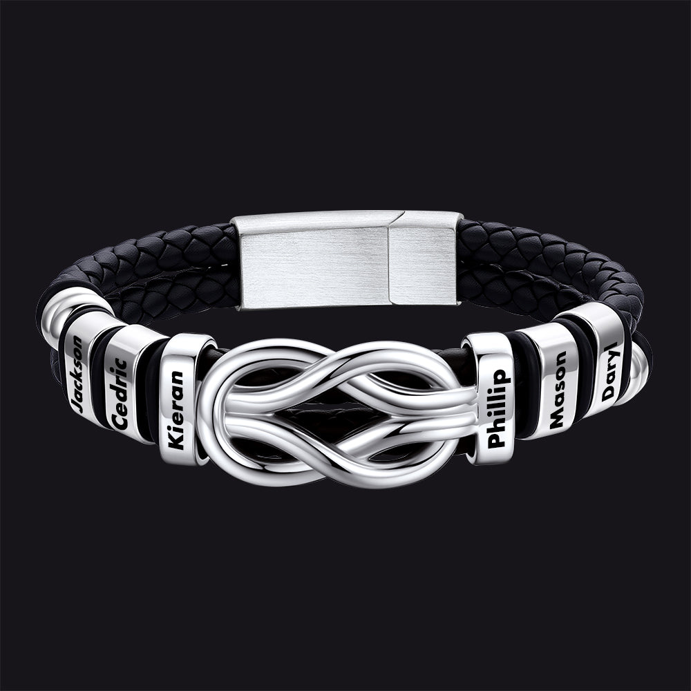 Steel / 6 Names / 23 CM Engraved Names Infinity Love Knot Leather Bracelet for Men Couple