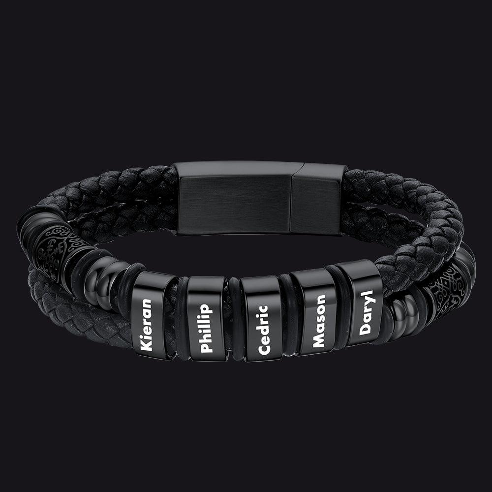 Black / 5 Names / 25 CM Engraved Names Viking Leather Braided Wristband Bracelet for Men