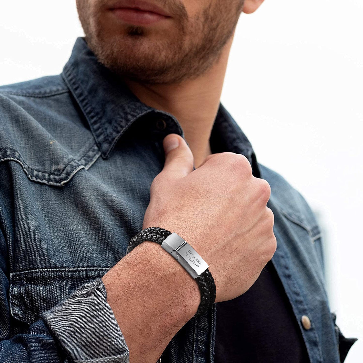 Custom engraved black leather bracelet for men
