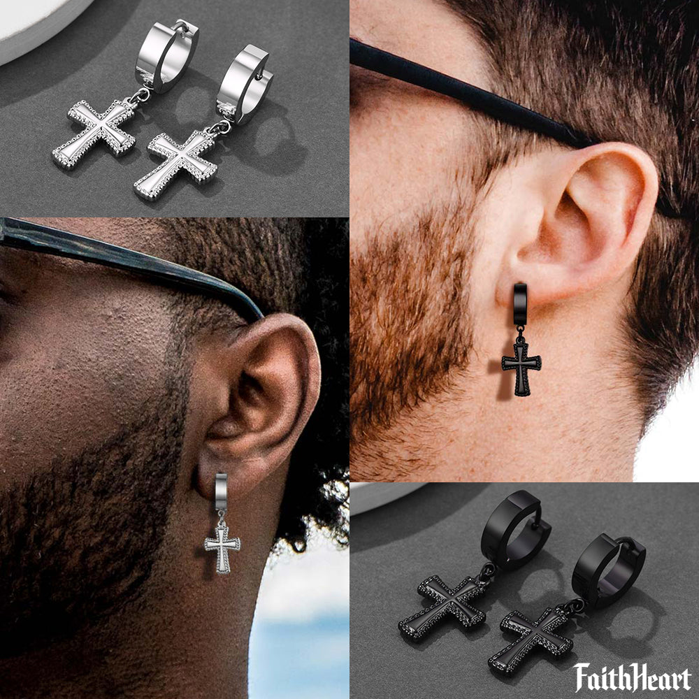 Men's cross dangle hoop earrings, stainless steel, multiple colors