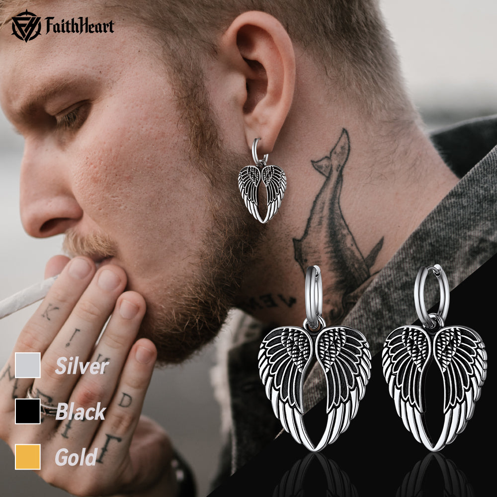 Punk Angel Wing Hoop Earrings for Men, Silver
