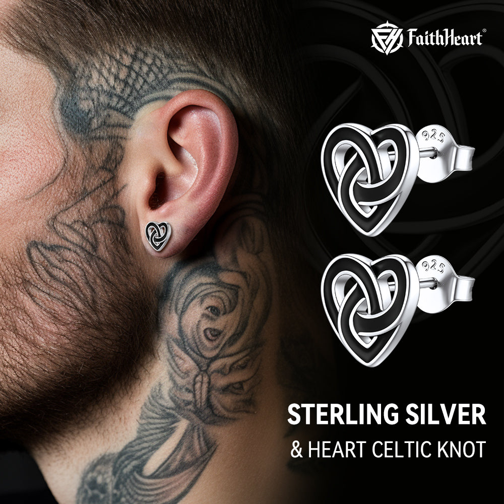 Black Heart Celtic Knot Stud Earrings in Sterling Silver