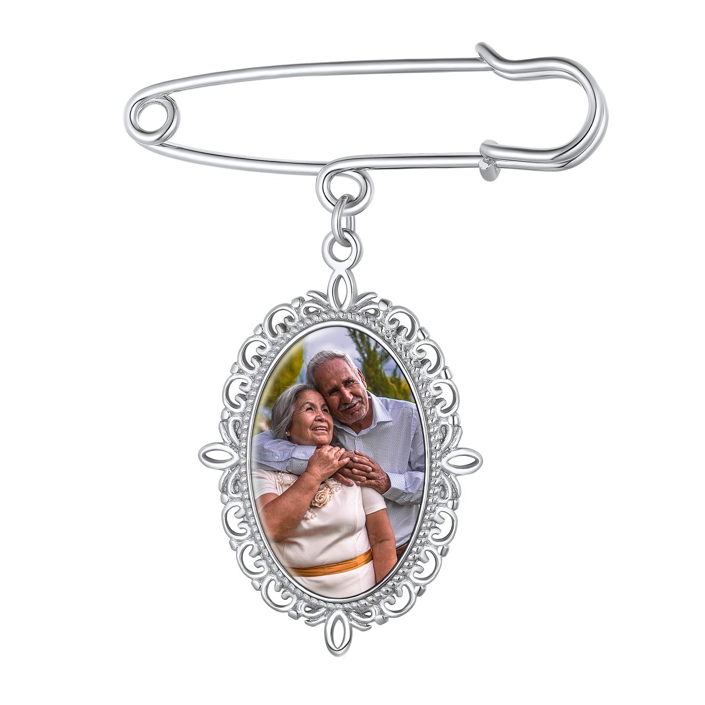 Memorial photo charm boutonniere pin with a picture of an elderly couple