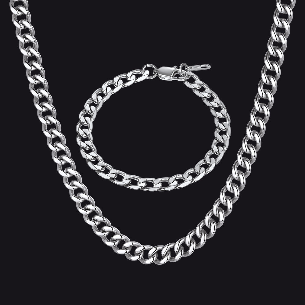 Silver Sturdy Cuban Link Necklace and Bracelet Set for Men in 9mm & 8mm