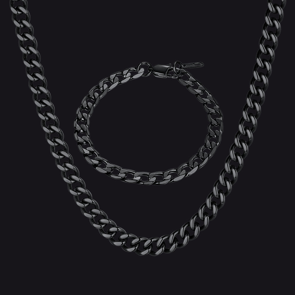 Black Sturdy Cuban Link Necklace and Bracelet Set for Men in 9mm & 8mm