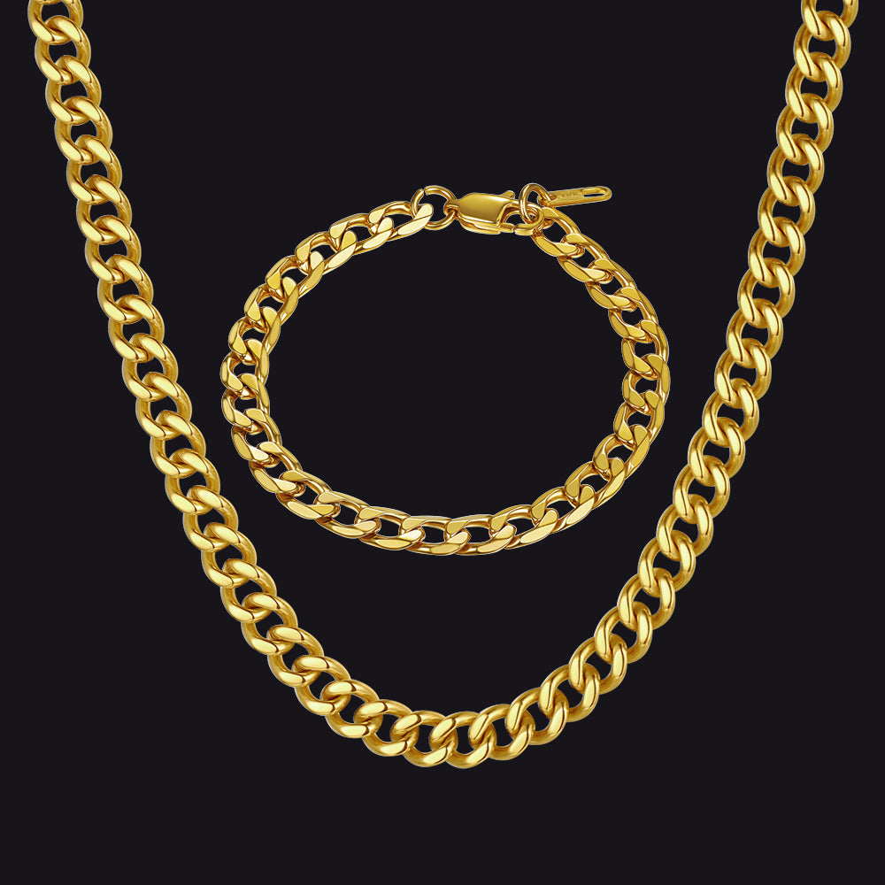 Gold Sturdy Cuban Link Necklace and Bracelet Set for Men in 9mm & 8mm