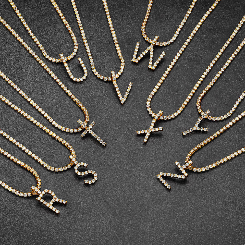 Initial Letter Pendant Necklace with Tennis Chain for Men Women