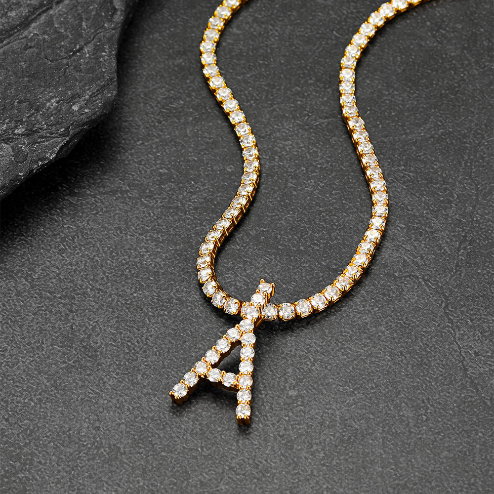 Initial Letter Pendant Necklace with Tennis Chain for Men Women