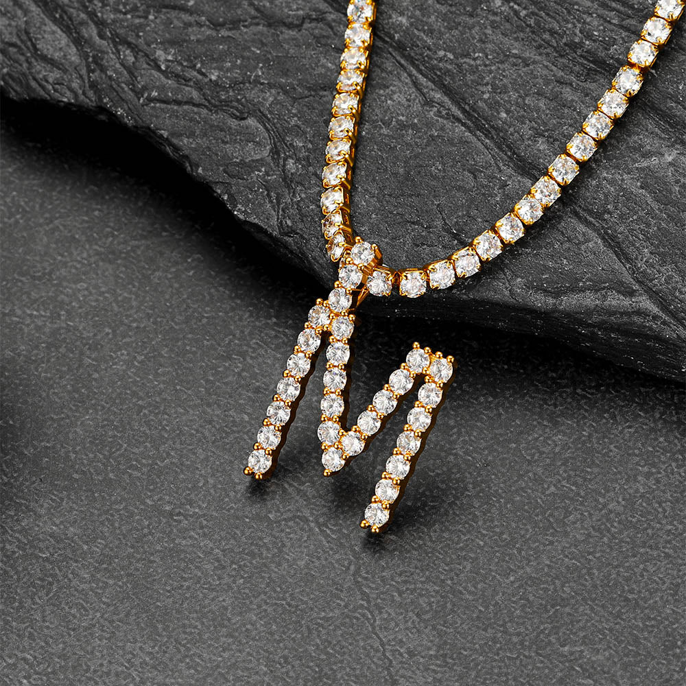 Initial Letter Pendant Necklace with Tennis Chain for Men Women