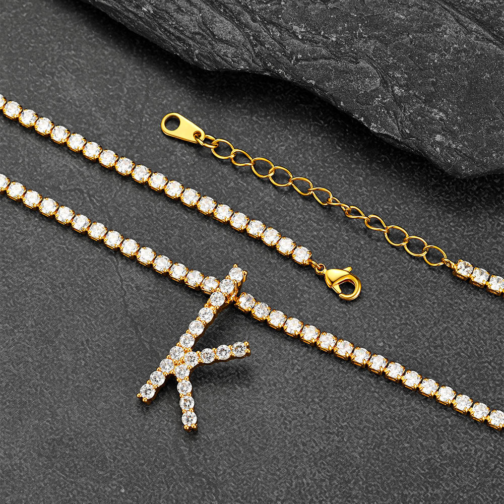 Initial Letter Pendant Necklace with Tennis Chain for Men Women
