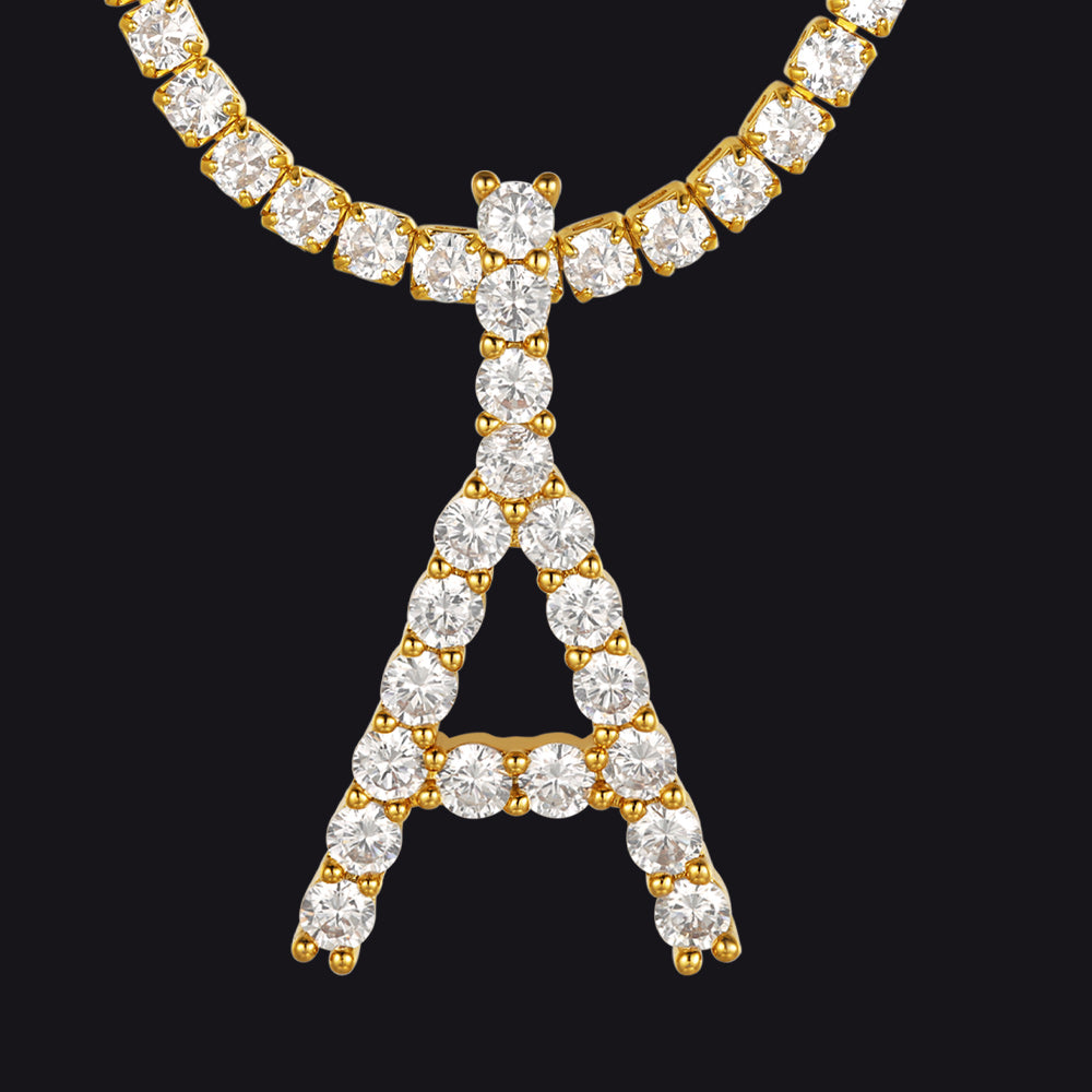 A letter tennis necklace in gold with sparkling CZ stones