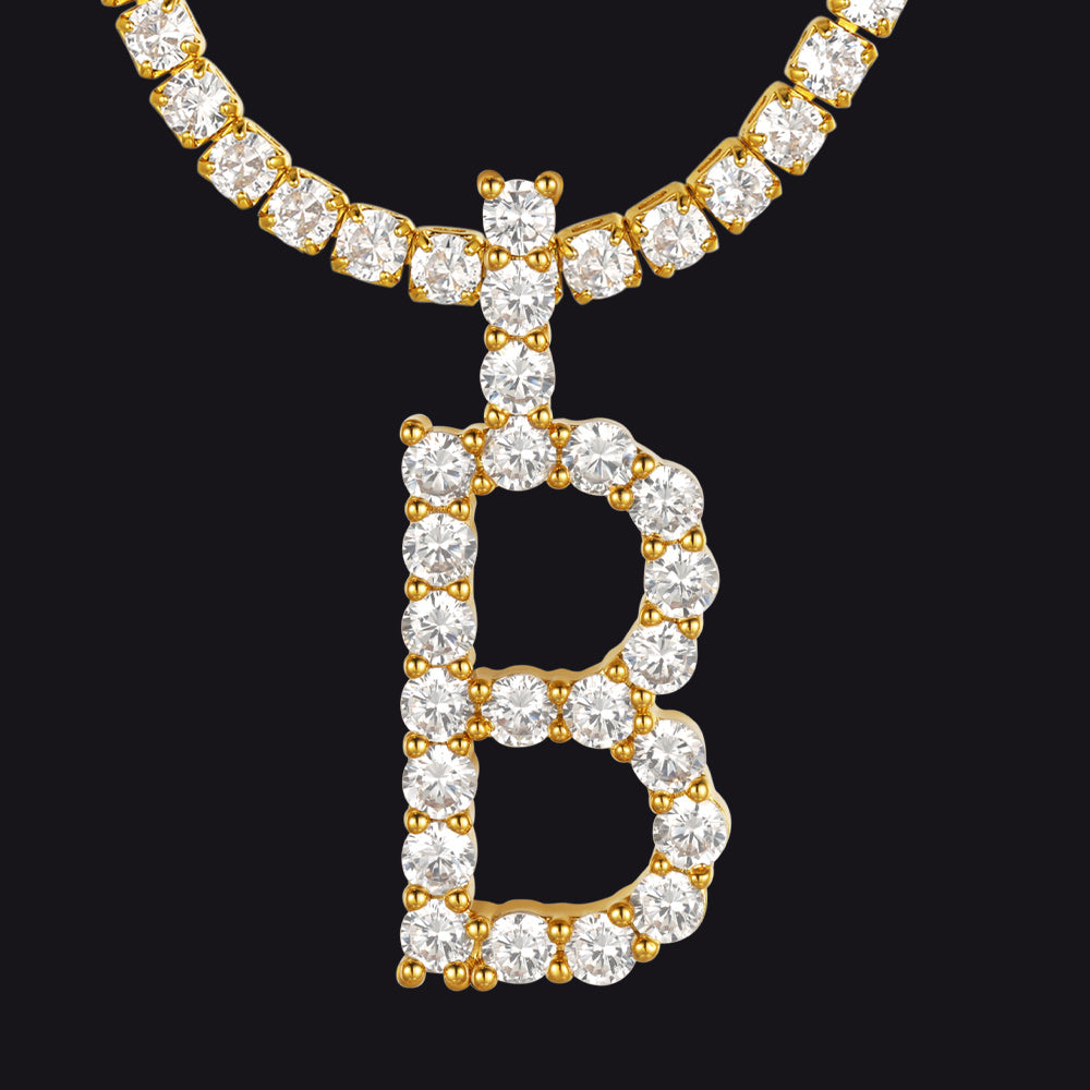 B initial pendant gold necklace with tennis-style CZ setting