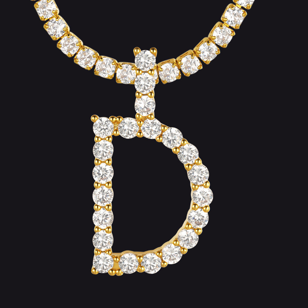 D letter necklace with gold tone and tennis chain design