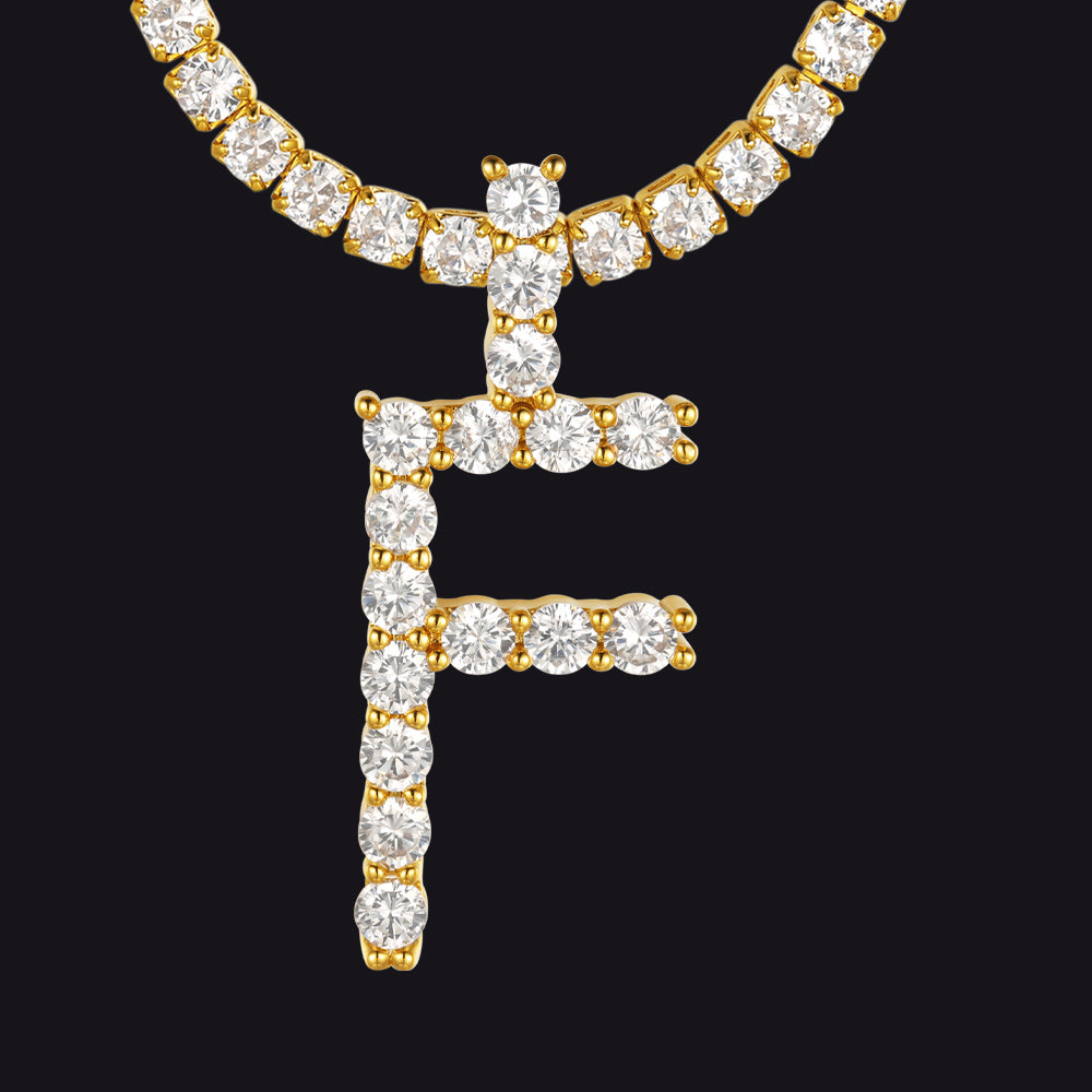 F gold CZ initial necklace with bold letter charm