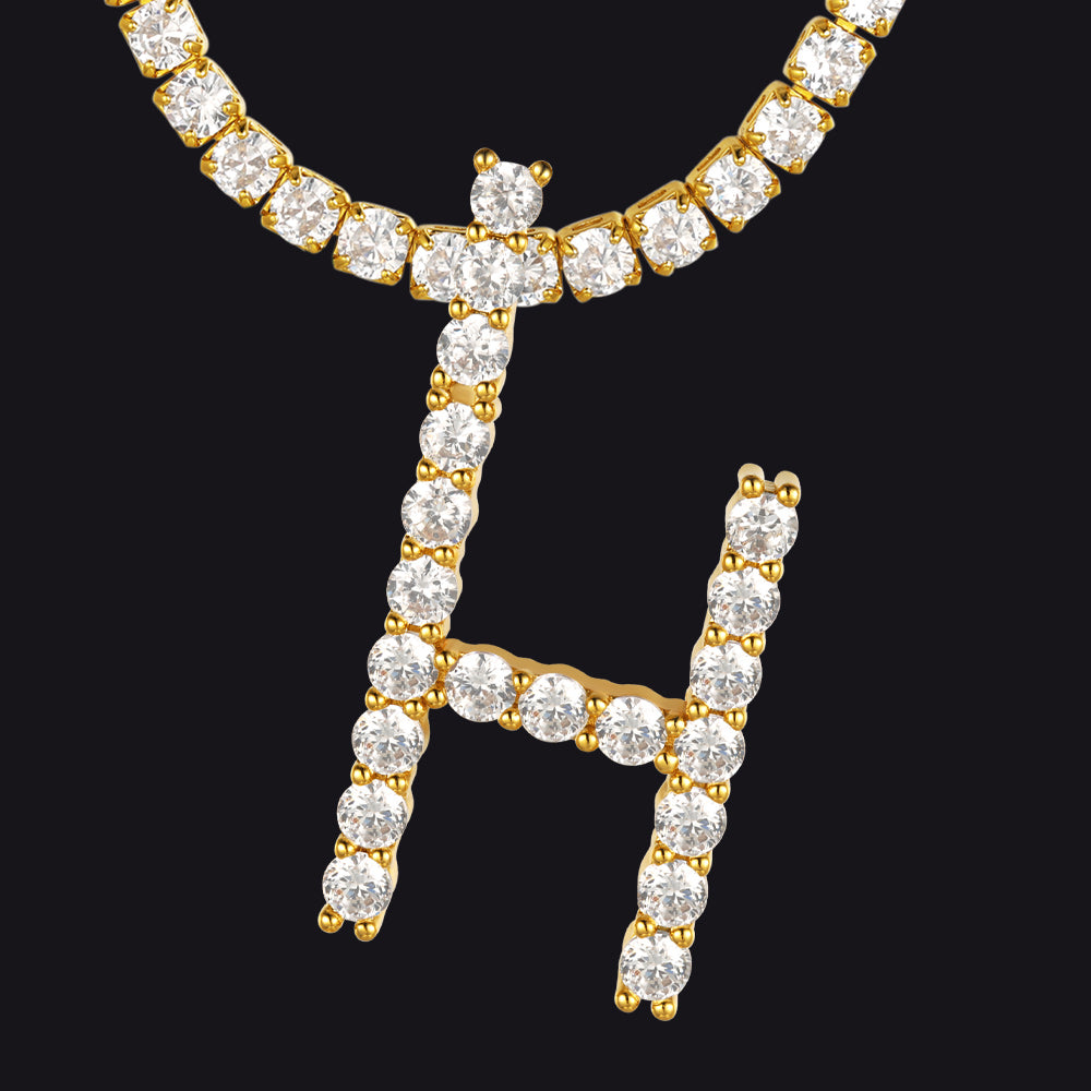 H letter pendant tennis necklace with gold and CZ shine