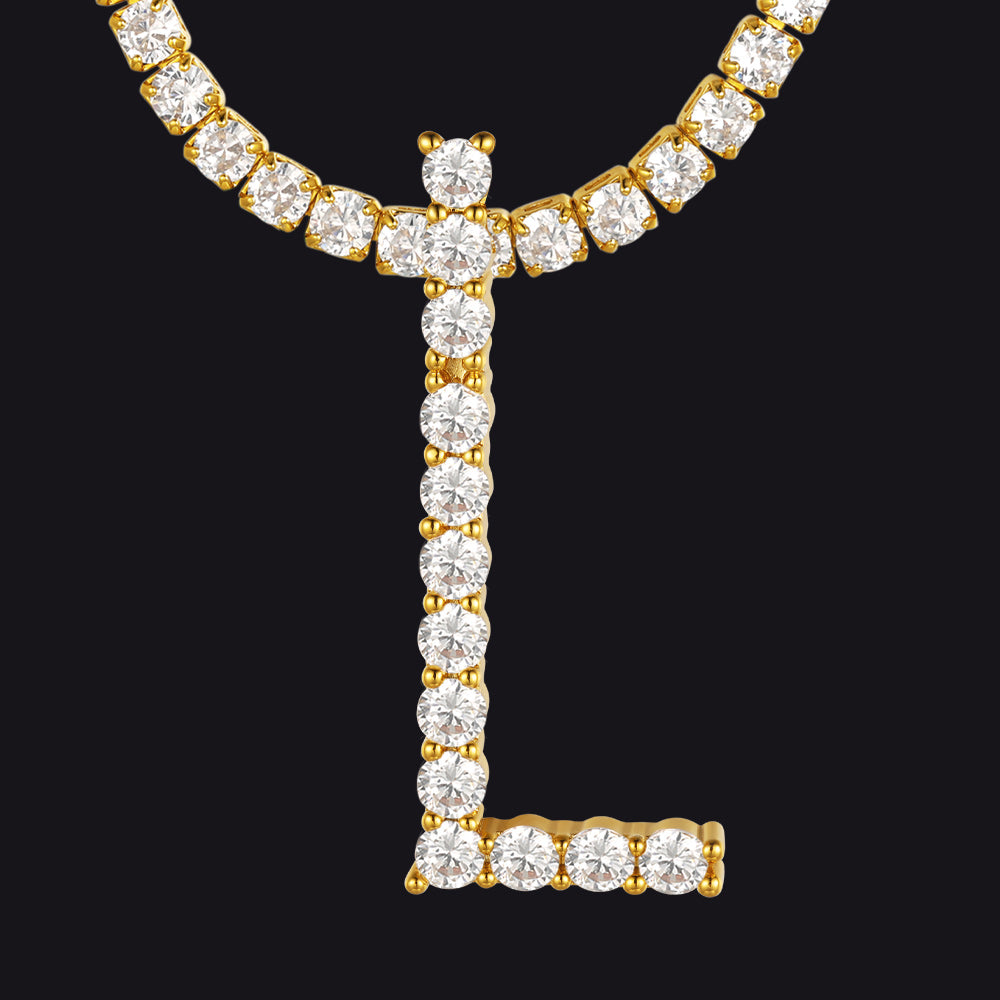 L personalized gold pendant necklace with tennis sparkle