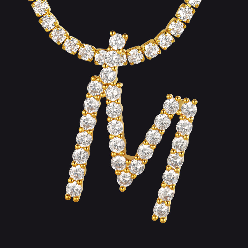 M gold A–Z letter necklace with CZ-studded tennis chain