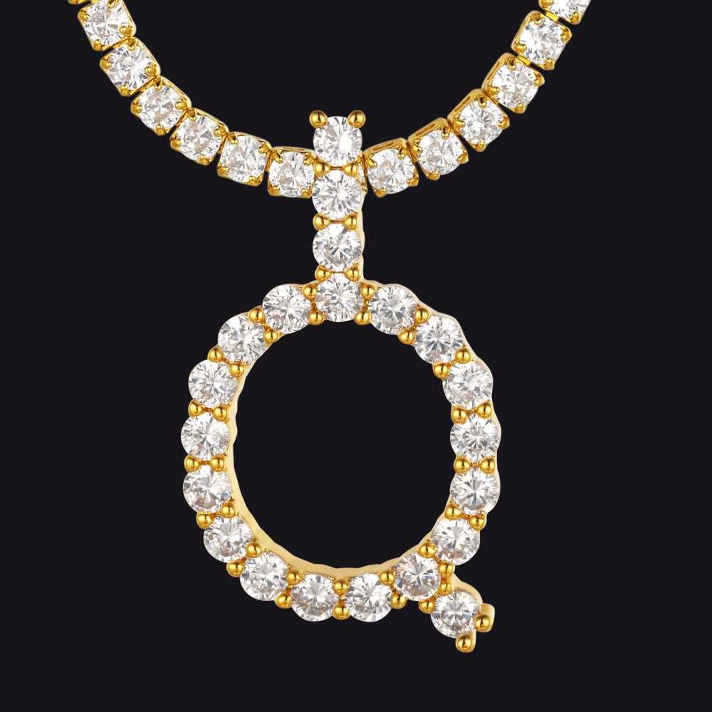 Q tennis chain necklace with gold Q letter charm