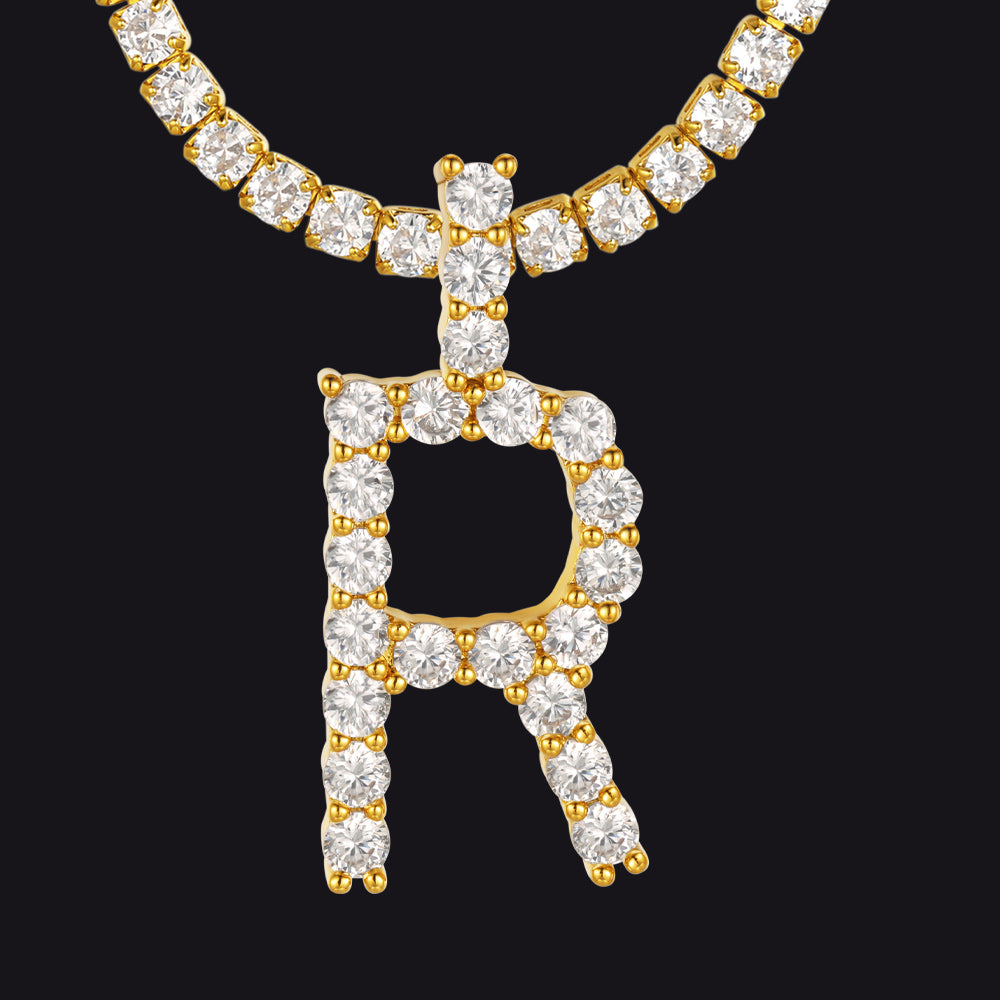 R gold initial necklace for R with CZ-accented pendant