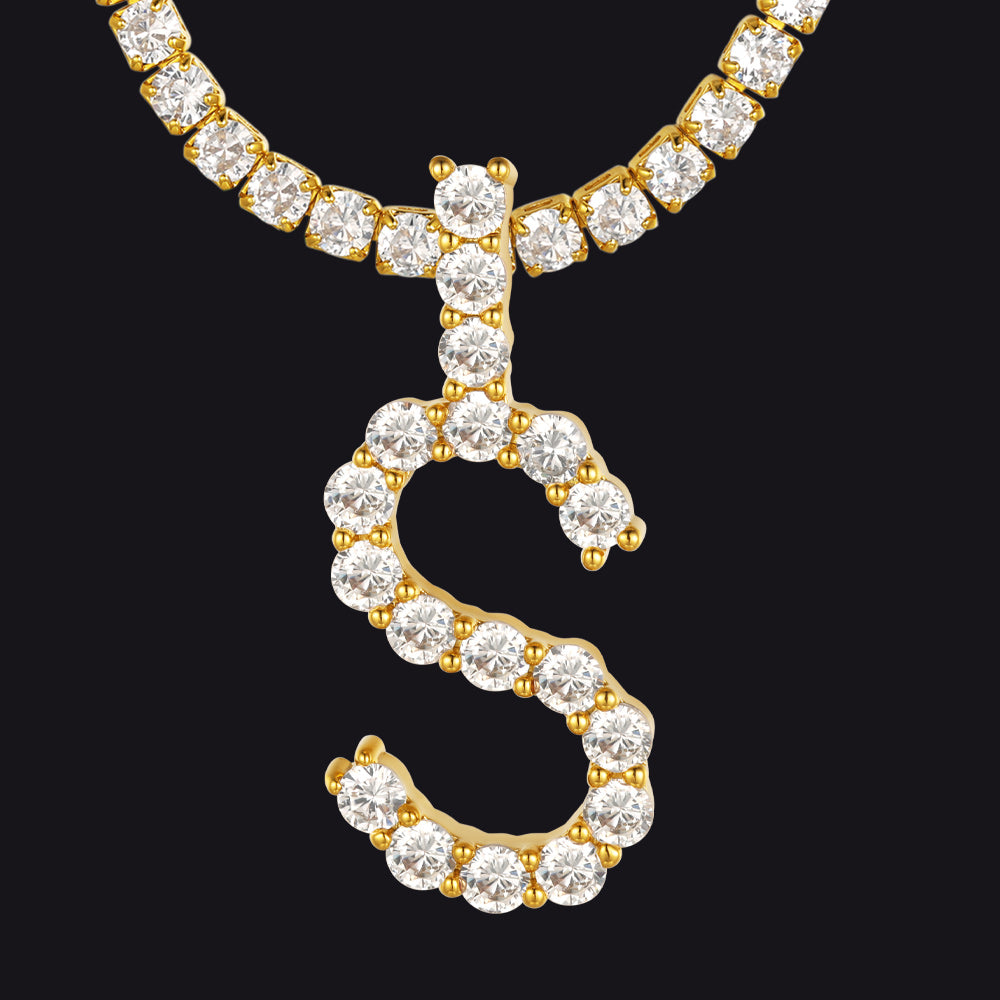 S bold gold S pendant necklace with tennis chain sparkle