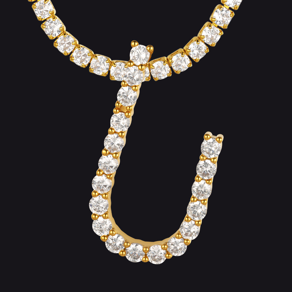 U gold necklace with U letter pendant and CZ detailing
