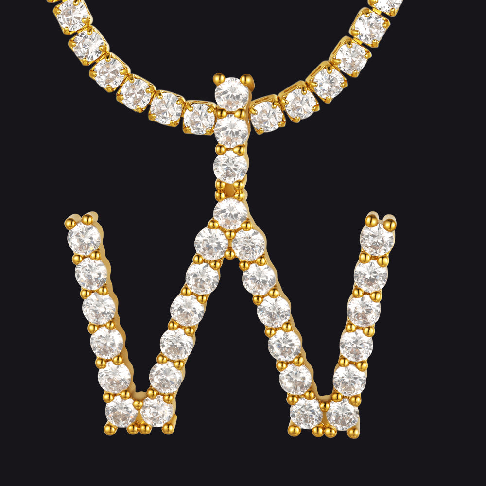 W gold initial necklace with bold W charm and CZ shine