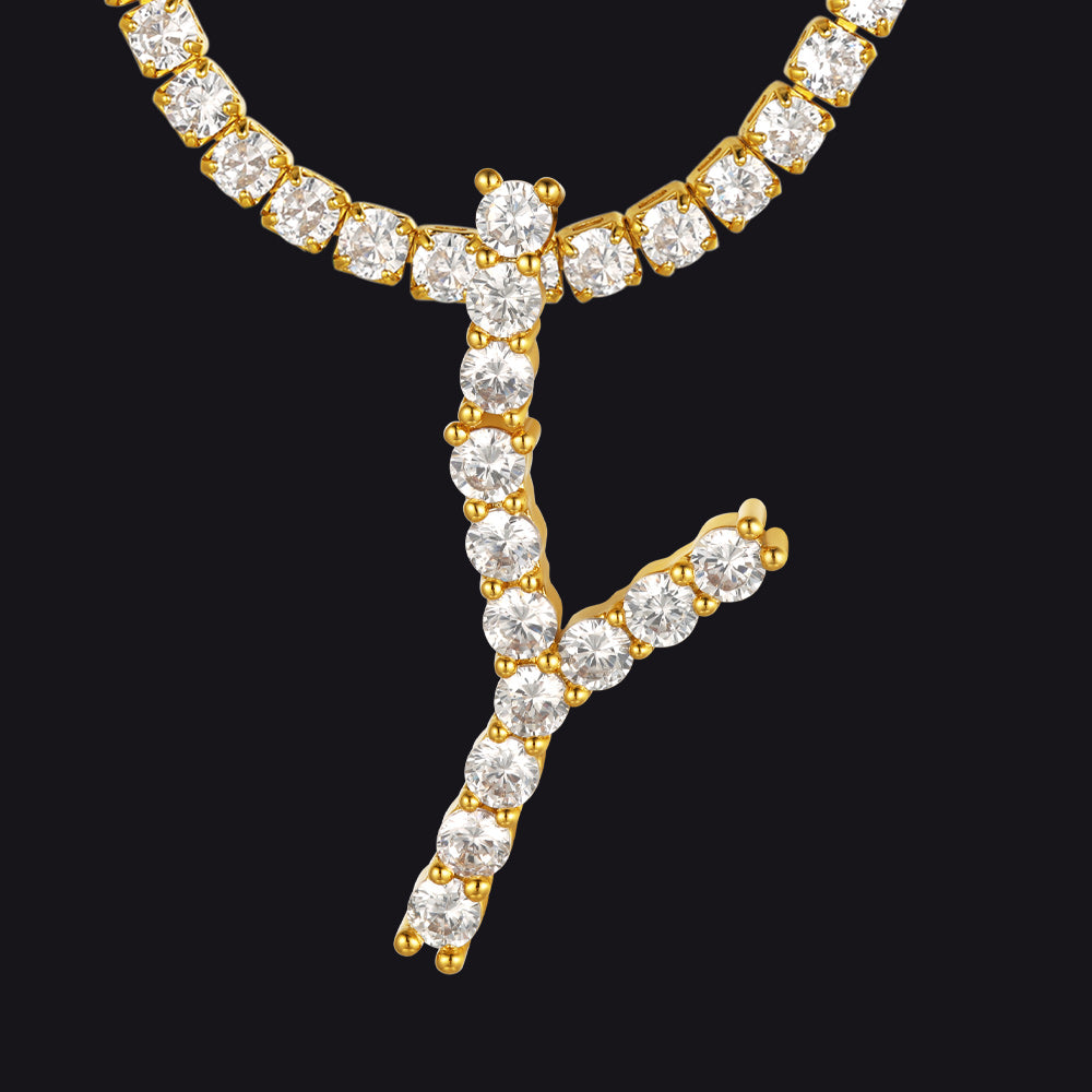 Y gold Y initial pendant on CZ tennis-style chain