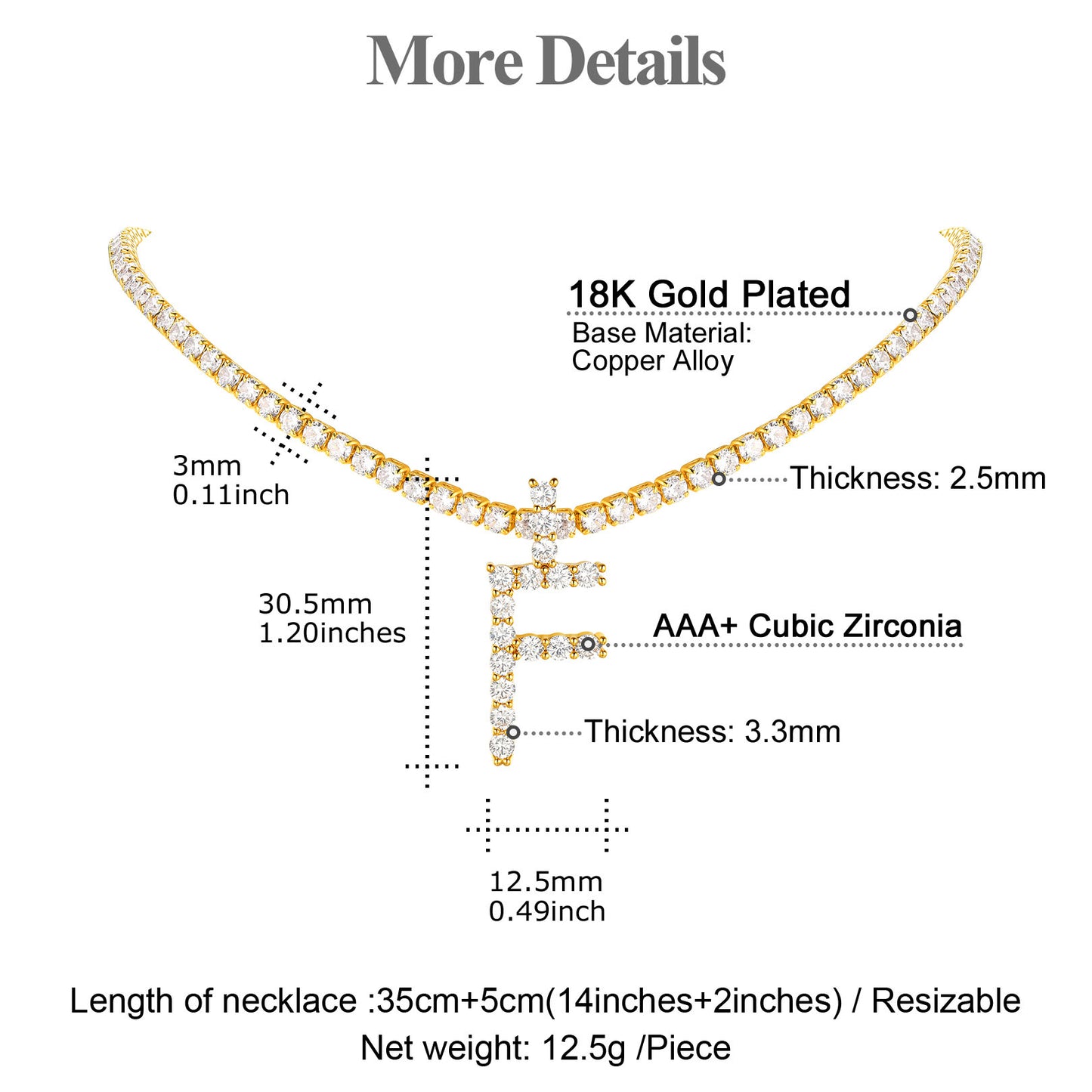 Size reference for gold A–Z initial pendant necklace and chain length