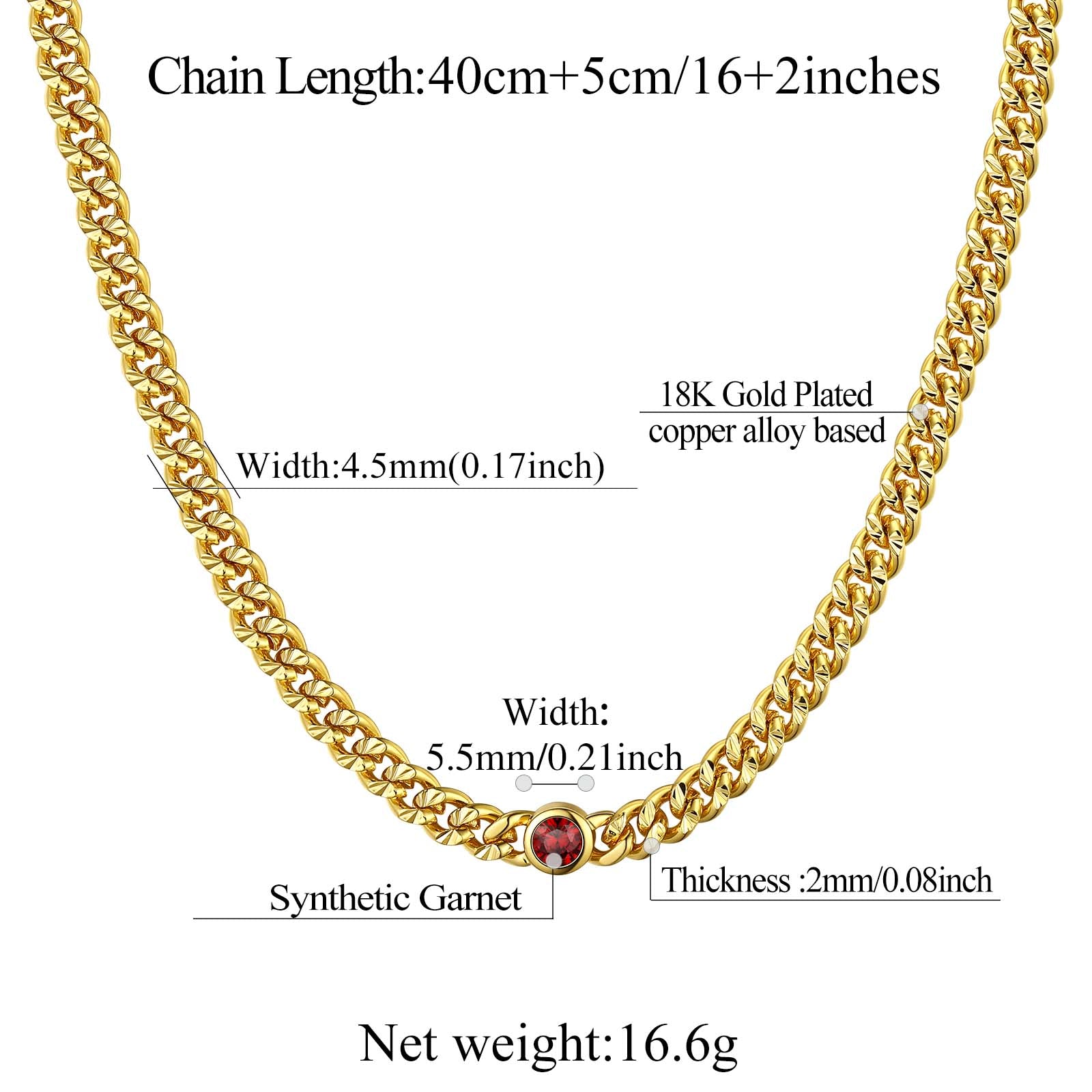 Gold chain necklace with detailed specifications