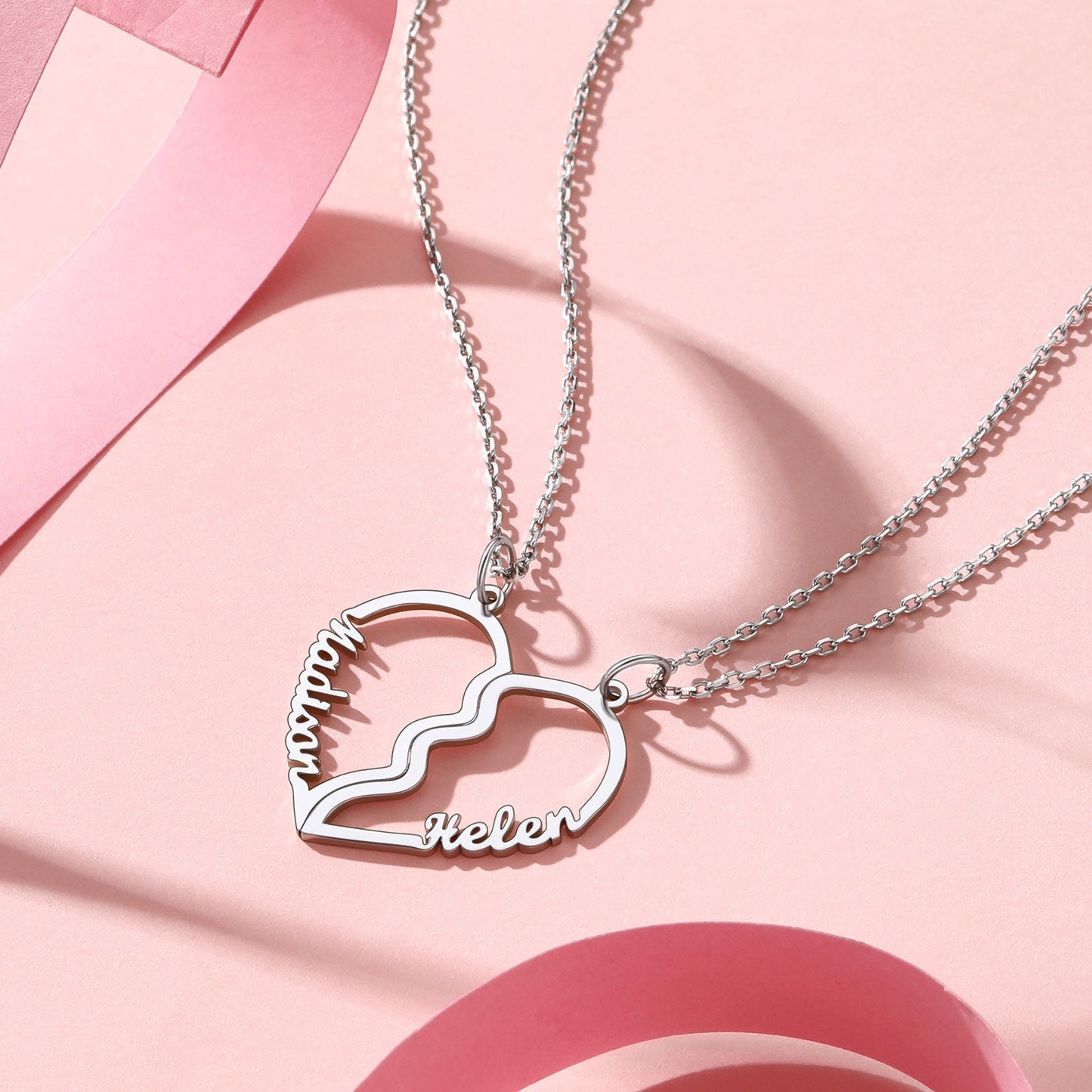 Matching heart necklaces for couple, custom name pendants