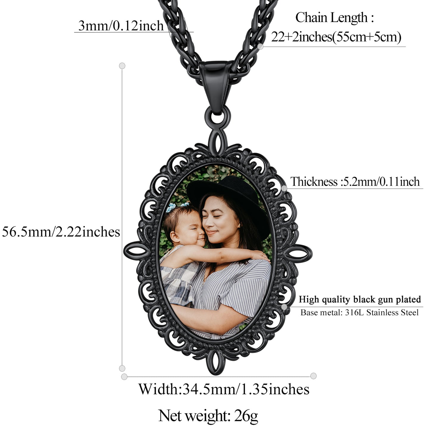 Black Stainless Steel Photo Necklace with measurements, Mother and child portrait