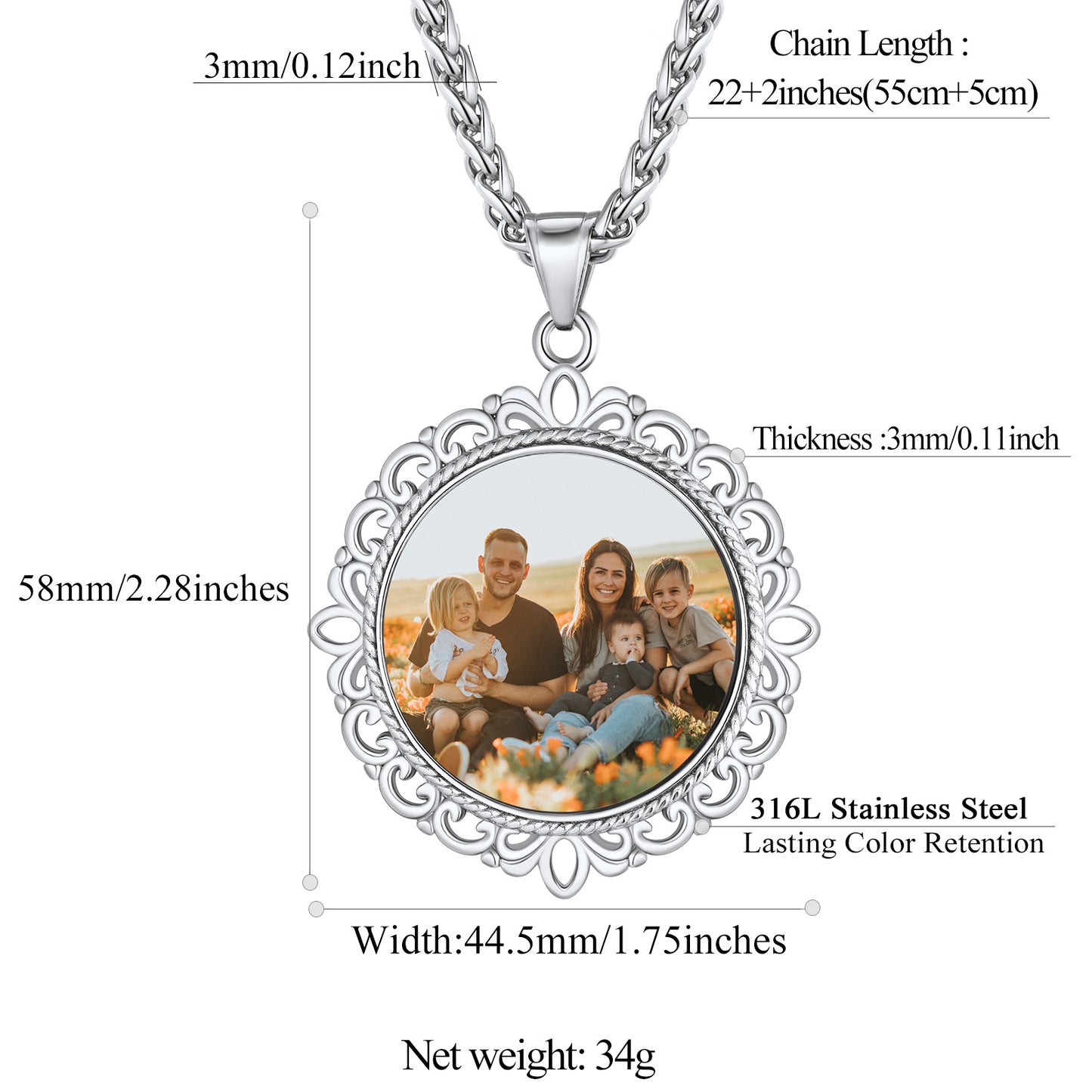 Custom family photo pendant necklace, 316L Stainless Steel