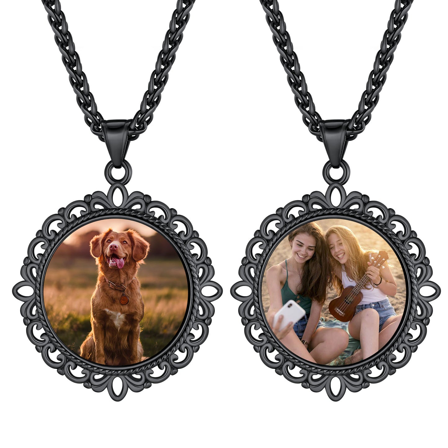 Double-sided photo pendant necklace with dog and girls.
