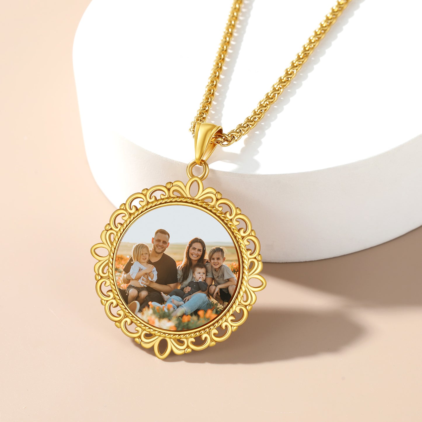 Gold photo pendant necklace, custom family portrait jewelry