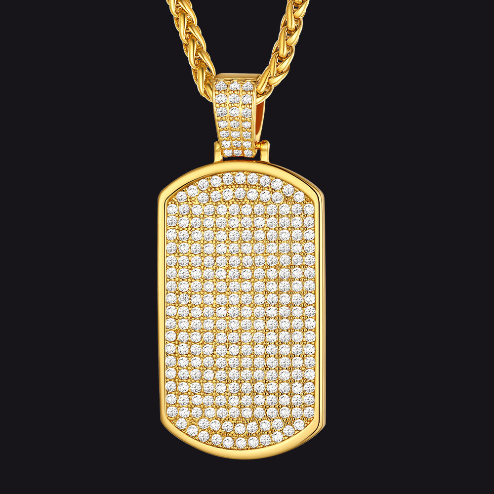 Gold Stainless Steel Diamond Dog Tag Pendant Necklace for Men