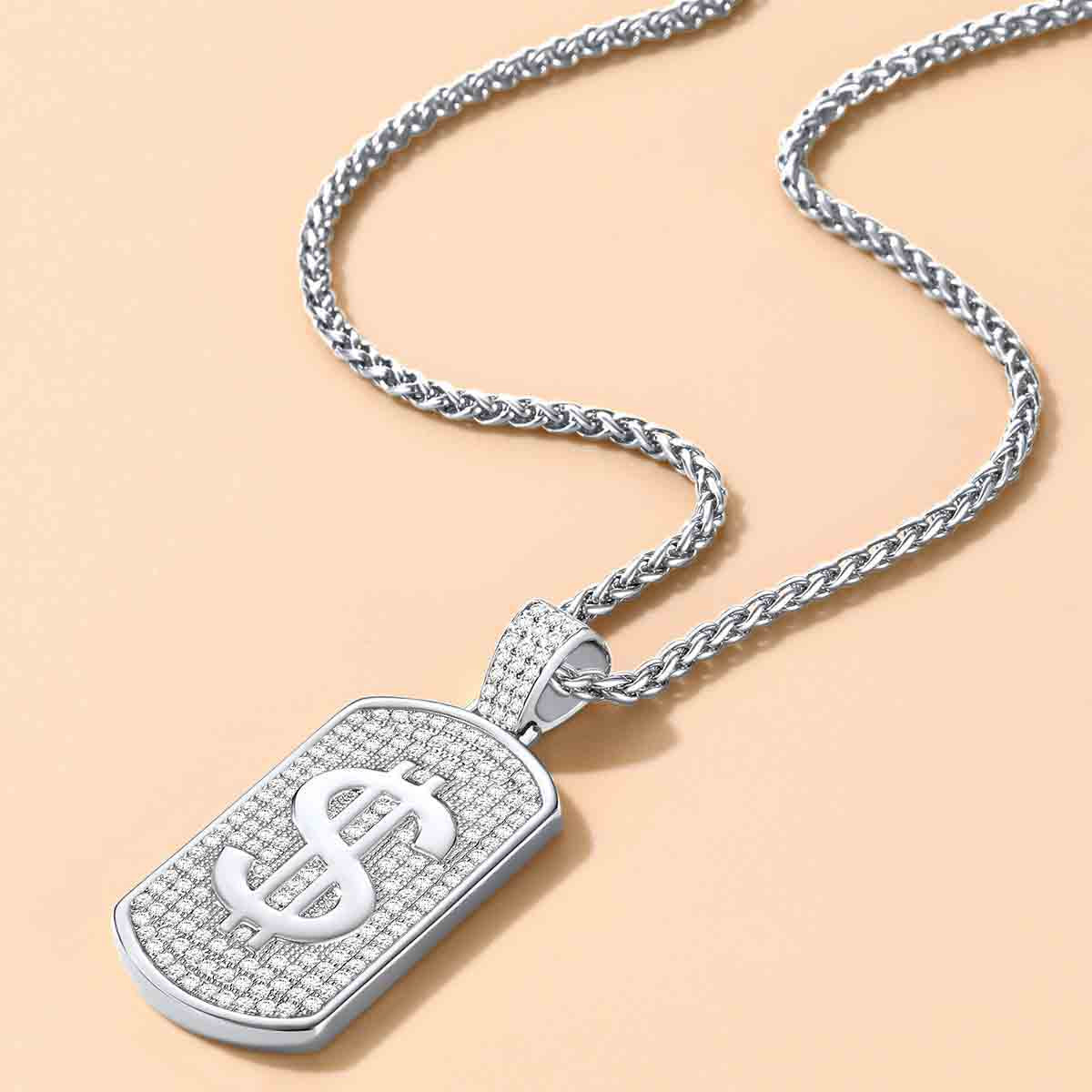 FaithHeart Hip Hop Dollar Design Cubic Zirconia Bling Dog Tag Necklaces FaithHeart