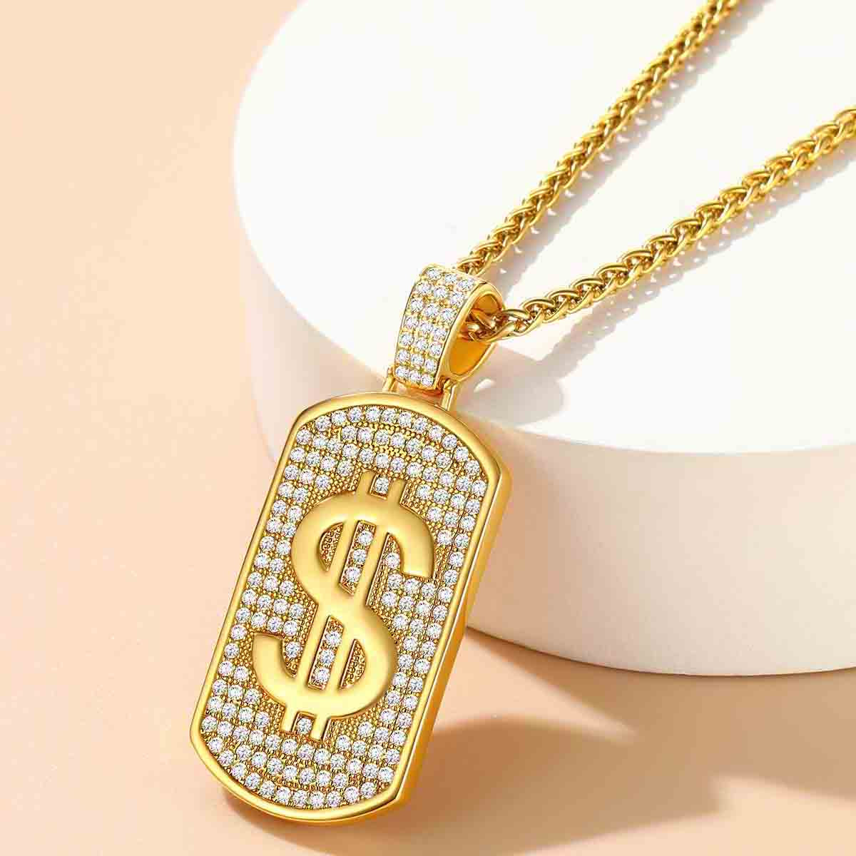 FaithHeart Hip Hop Dollar Design Cubic Zirconia Bling Dog Tag Necklaces FaithHeart