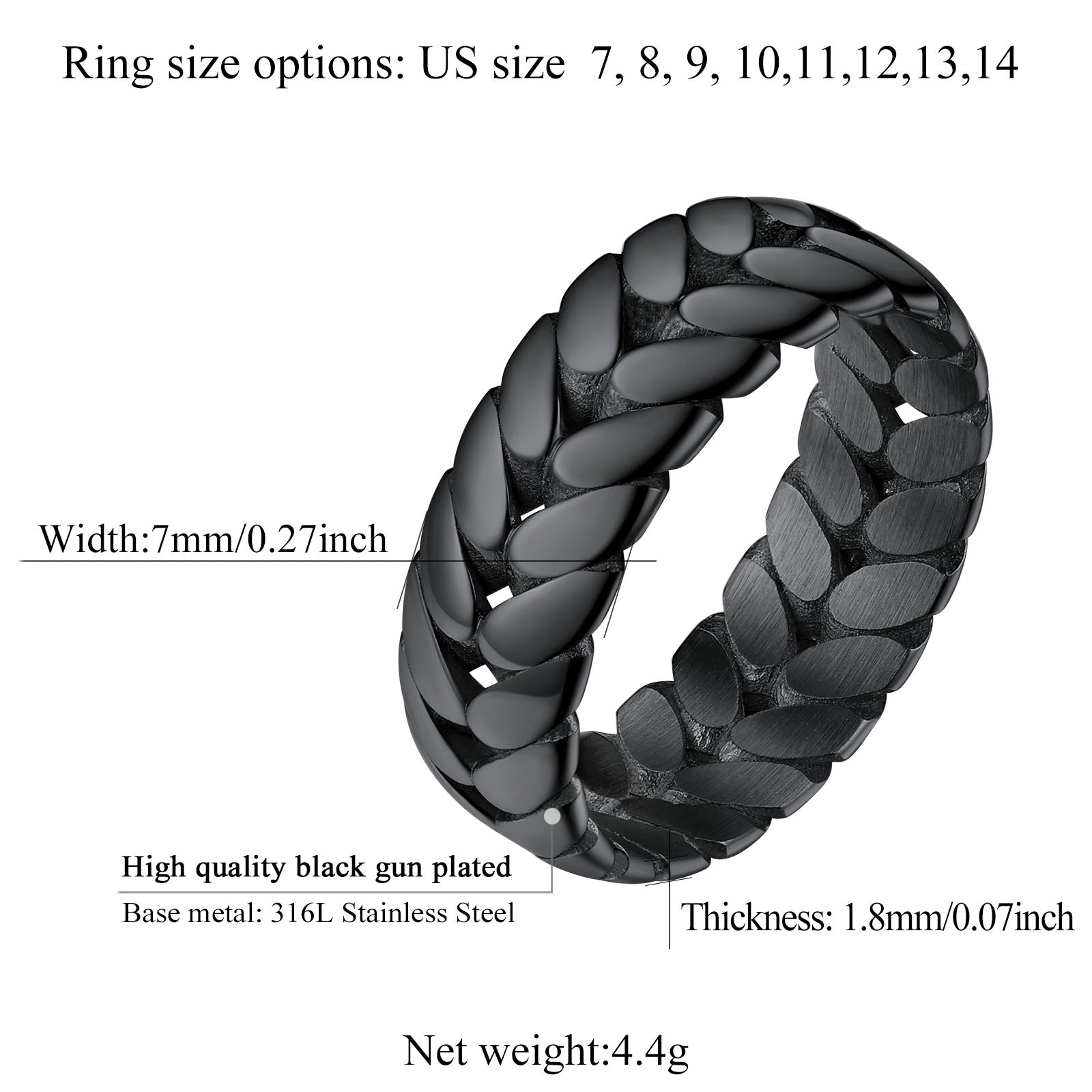 Black braided ring with size options and specifications on a white background